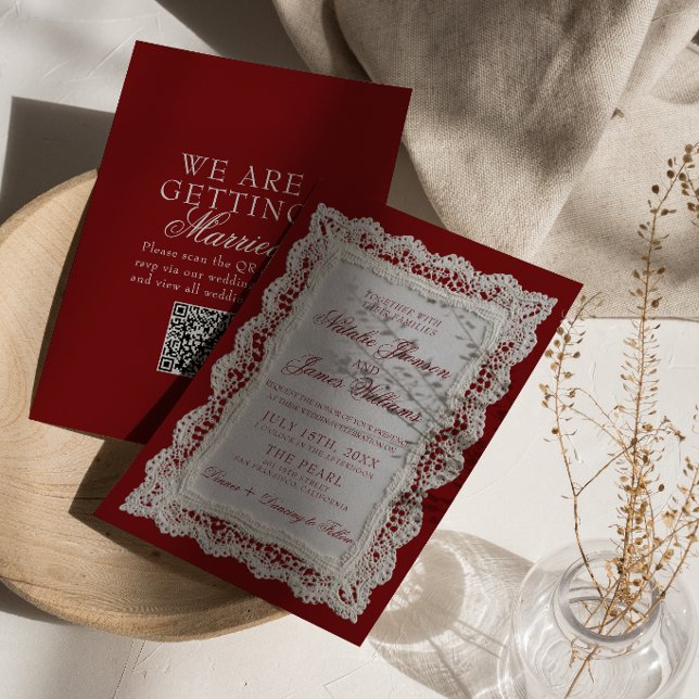 Burgundy Lace Old Money Doily QR Code Wedding Invitation (Creator Uploaded)