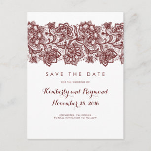 Burgundy Lace Save the Date Announcement Postcard