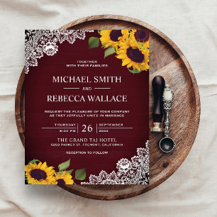 Burgundy Lace Sunflower Budget Wedding Invitation