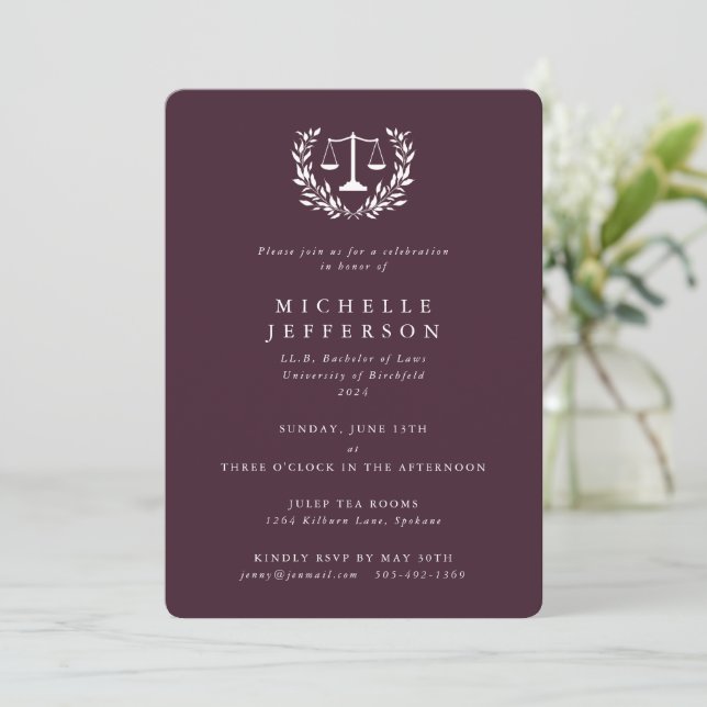 Burgundy Law Qualifications Laurel Wreath Invitation (Standing Front)