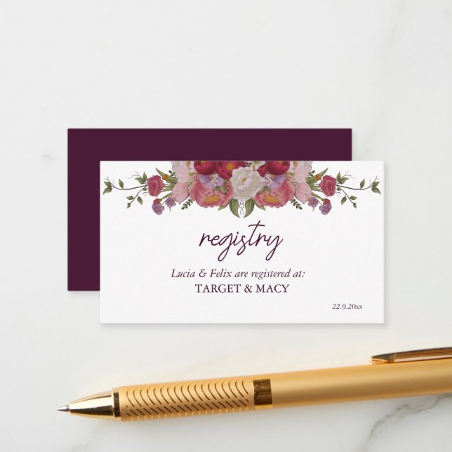 Burgundy Leaf And Flowers Wedding Registered Card (Front/Back In Situ)