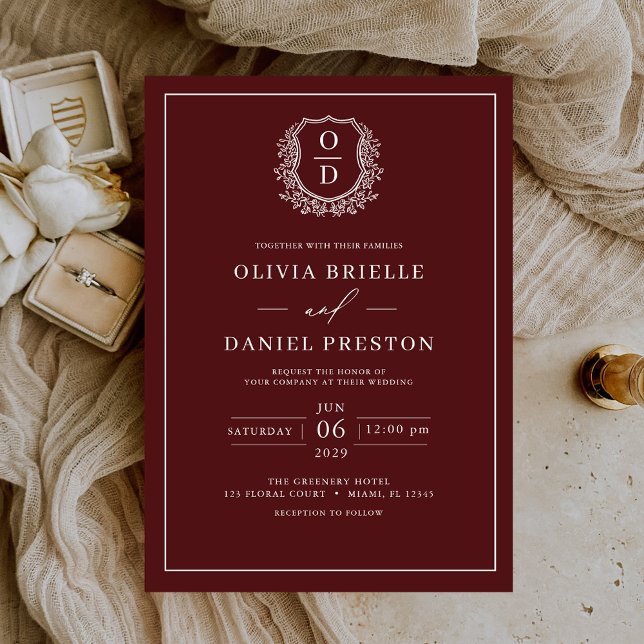 Burgundy Leafy Crest Monogram Elegant Wedding Invitation (Creator Uploaded)