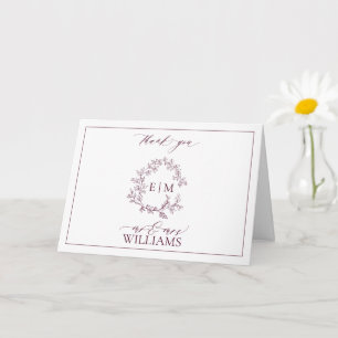 Burgundy Leafy Crest Monogram Photo Thank You Card