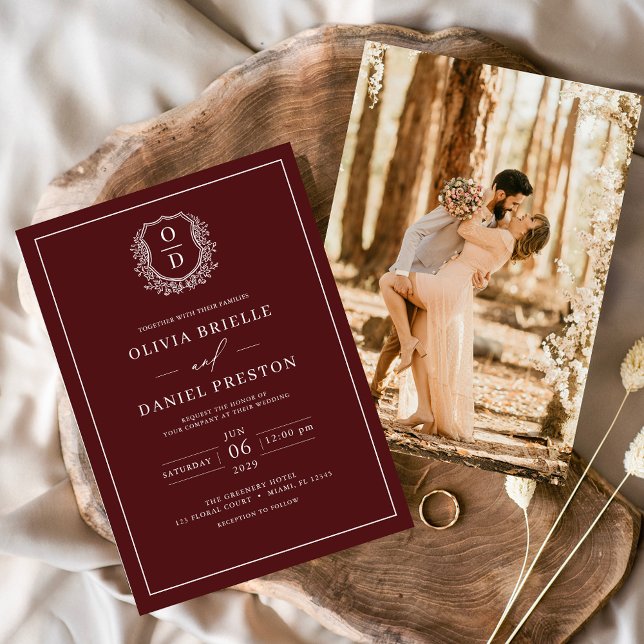 Burgundy Leafy Crest Monogram Photo Wedding Invitation (Creator Uploaded)