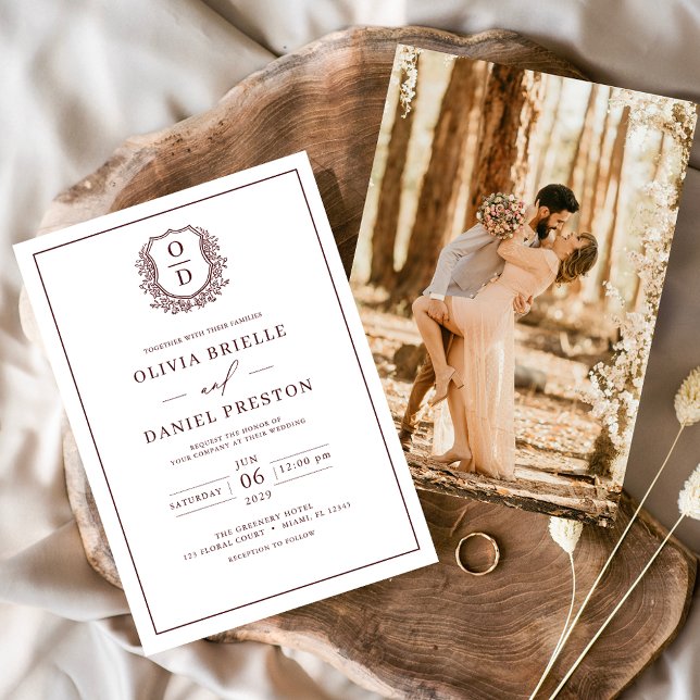 Burgundy Leafy Crest Monogram Photo Wedding Invitation (Creator Uploaded)
