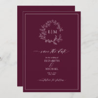 Burgundy Leafy Crest Monogram Save the Date