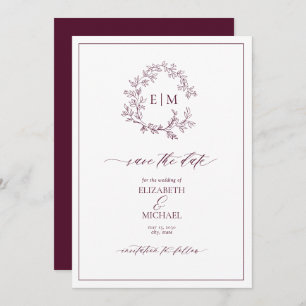 Burgundy Leafy Crest Monogram Save the Date Invitation