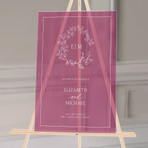 Burgundy Leafy Crest Monogram Welcome Wedding Acrylic Sign