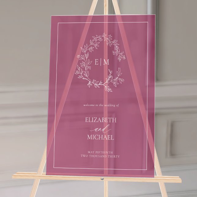 Burgundy Leafy Crest Monogram Welcome Wedding Acrylic Sign (Wedding Welcome Sign!)