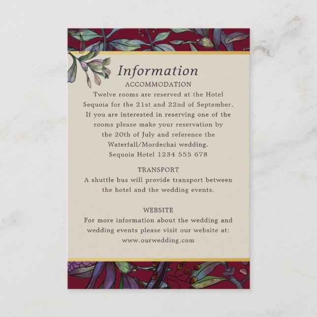 Burgundy leafy floral wedding guest information enclosure card (Front)