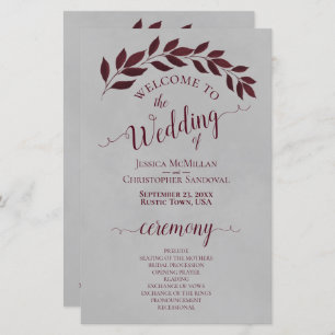 Burgundy Leaves on Grey Budget Wedding Program