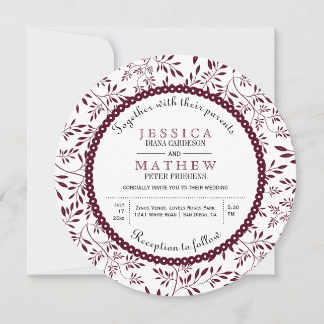 Burgundy leaves pattern modern floral wedding invitation (Front)
