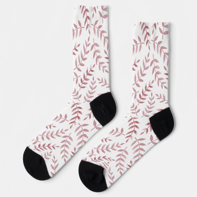 Burgundy leaves pattern on white socks (Left)