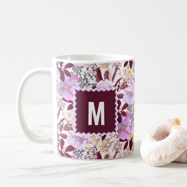 Burgundy Leaves Purple Floral Pattern | Monogram Coffee Mug (With Donut)