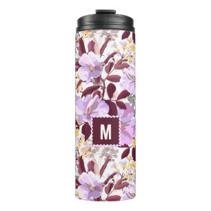 Burgundy Leaves Purple Floral Pattern Monogram Thermal Tumbler
