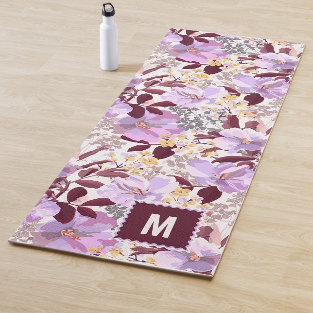 Burgundy Leaves Purple Floral Pattern | Monogram Yoga Mat (In Situ)