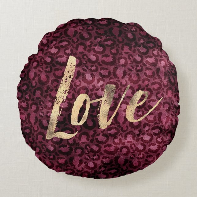 Burgundy Leopard Print Gold Love Round Cushion (Front)