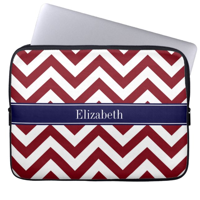 Burgundy Lg Chevron Navy Blue Name Monogram Laptop Sleeve (Front)