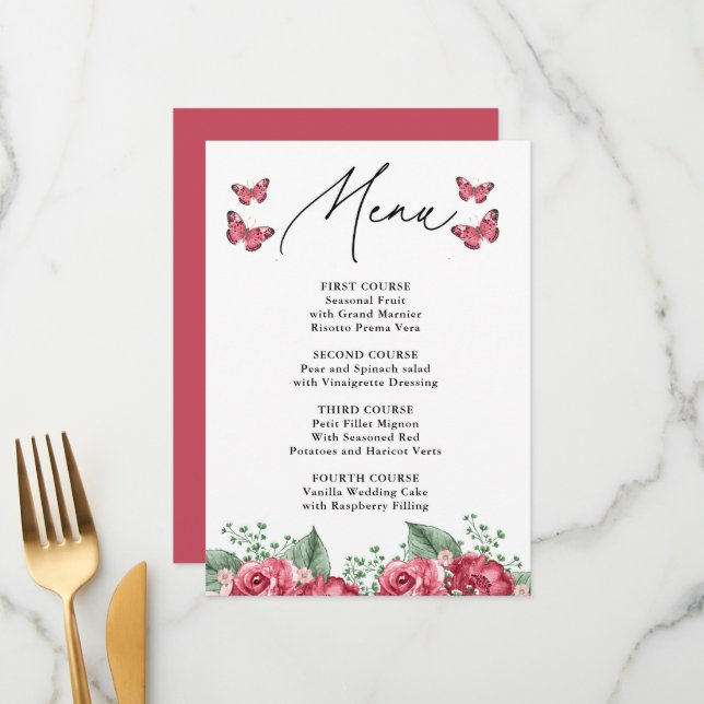 Burgundy Lifetime of Butterflies Bridal Shower Menu (Front/Back In Situ)