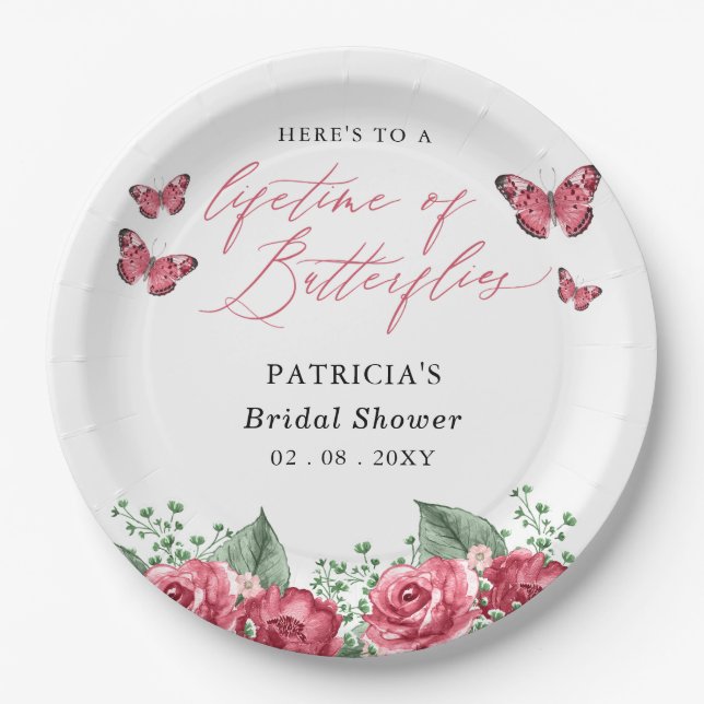 Burgundy Lifetime of Butterflies Bridal Shower Paper Plate (Front)