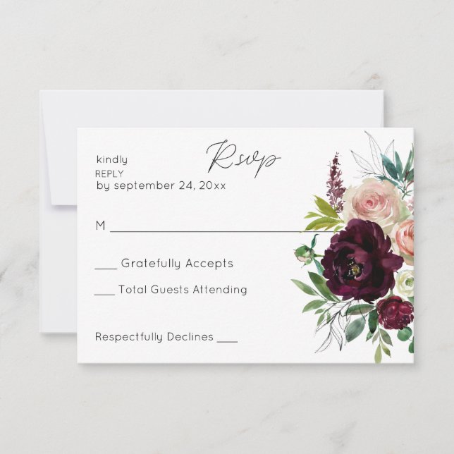 Burgundy & Light Pink Blush Floral no Meal RSVP Card (Front)