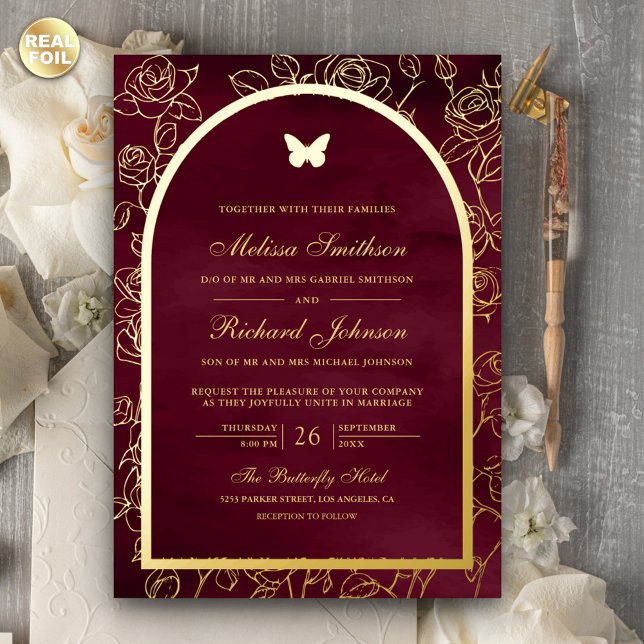 Burgundy Line Art Arch Butterfly Wedding Gold (Creator Uploaded)