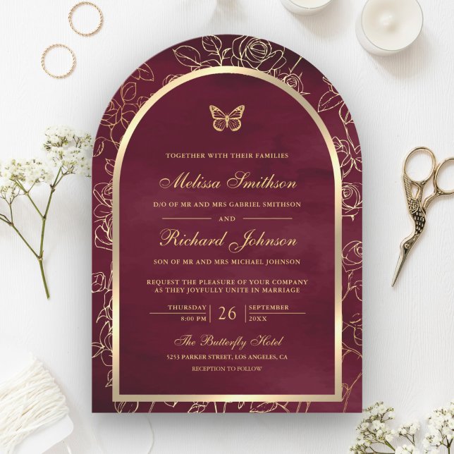 Burgundy Line Art Gold Arch Butterfly Wedding Invitation (Creator Uploaded)