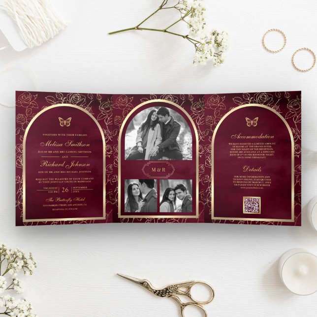 Burgundy Line Art Gold Arch Butterfly Wedding Tri-Fold Invitation (Creator Uploaded)