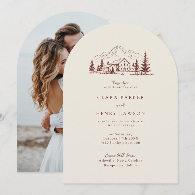 Burgundy Lodge Winter Wedding Invitation (Front/Back)