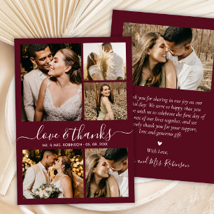 Burgundy Love and Thanks Photo Collage Wedding Thank You Card