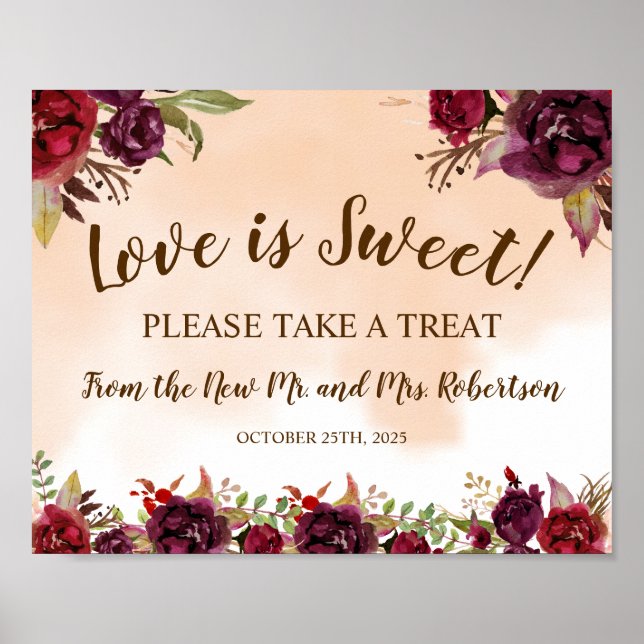 Burgundy Love is Sweet Bridal Shower Wedding Sign (Front)