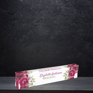 Burgundy lush florals white bossbabe name nameplate