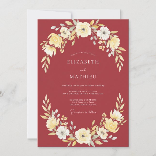Burgundy Lustrous Botanical Wedding Invitation (Front)