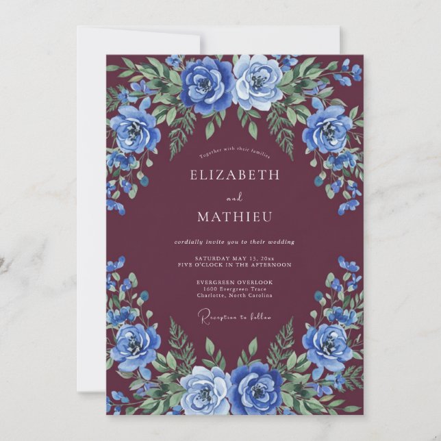 Burgundy Luxuriant Blue Rose Wedding Invitation (Front)