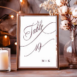 Burgundy Luxury Calligraphy Wedding Number 19, Table Number<br><div class="desc">Table 19. Please check all available numbers. | Luxury and elegant swirly calligraphy wedding table number with your initials.  For more advanced customisation of this design,  please click the BLUE DESIGN TOOL BUTTON above!</div>