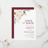 burgundy Magnolia floral Save the Date