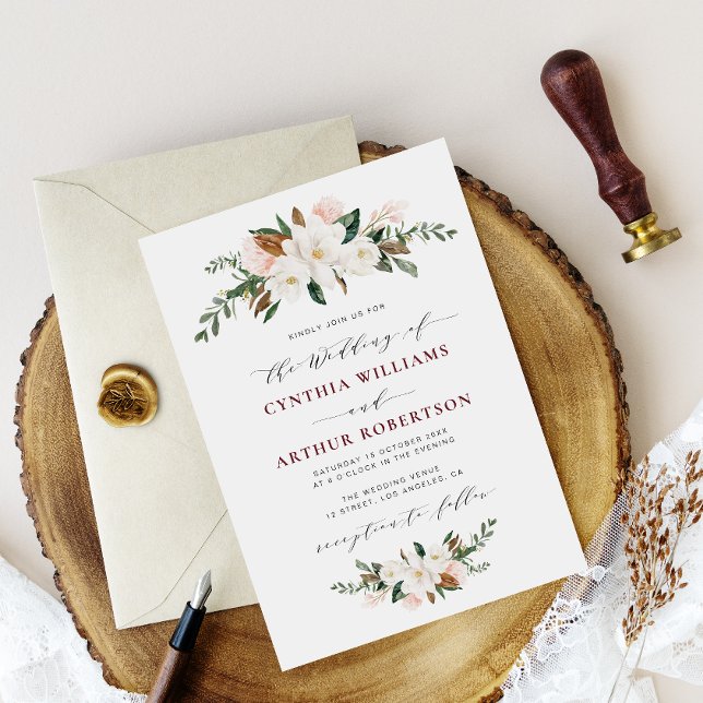burgundy magnolia floral wedding invitation (Creator Uploaded)