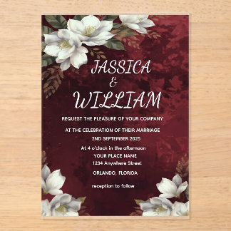 Burgundy & Magnolia Garden Floral Wedding Invitati Acrylic Invitations