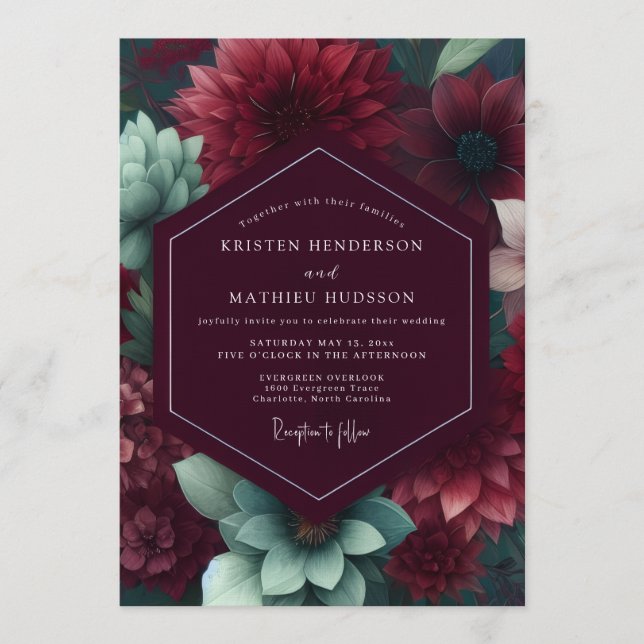 Burgundy Majestic Succulent Autumnal Wedding Invitation (Front)