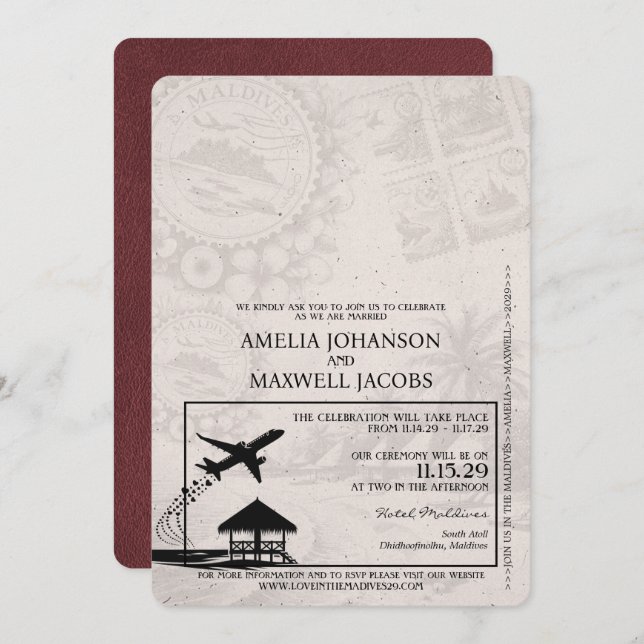 Burgundy Maldives Passport Wedding Invitation (Front/Back)