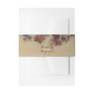 Burgundy Maple Leaves Rustic Burlap Fall Wedding Invitation Belly Band