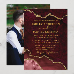 Burgundy Marble Agate Geode Photo Wedding Gold Invitation