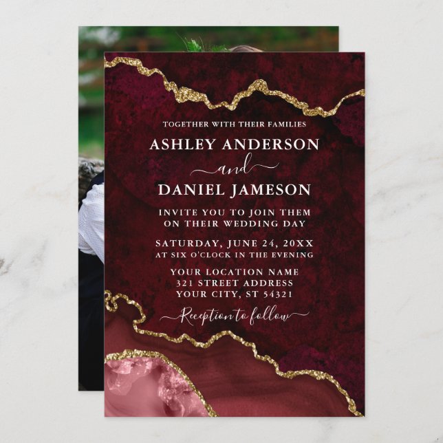 Burgundy Marble Agate Geode Photo Wedding  Invitation (Front/Back)