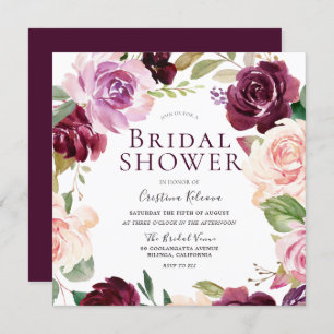 Burgundy Maroon Blush Floral Wreath Bridal Shower Invitation