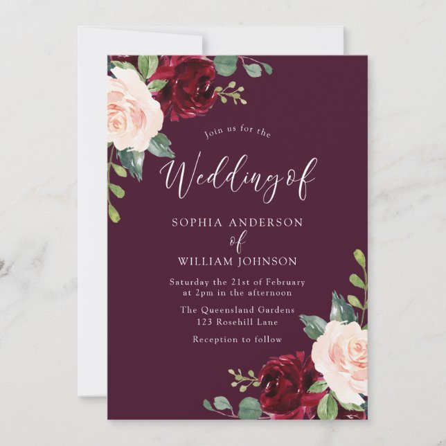 Burgundy Maroon Blush Watercolor Floral Wedding Invitation (Front)