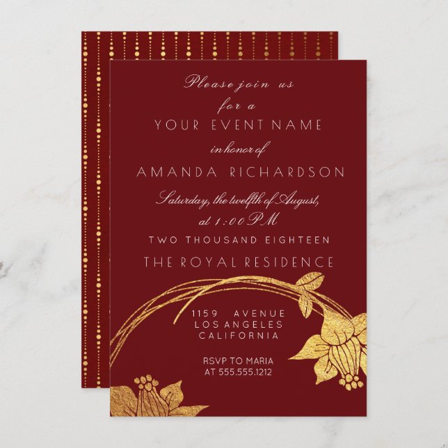 Burgundy Maroon Champaign Gold Floral Red Invitation (Front/Back)