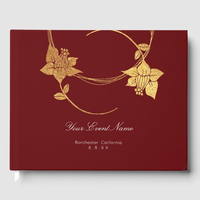 Burgundy Maroon Champaign Gold Floral Wedding Red Guest Book (Front)