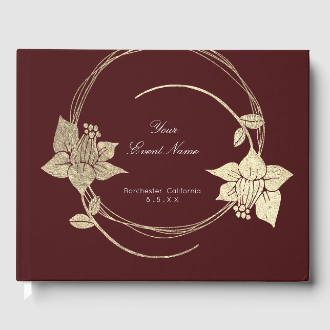 Burgundy Maroon Champaign Gold Floral Wreath Lux Guest Book (Front)
