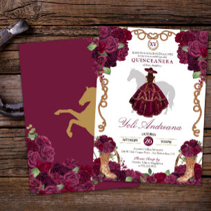 Burgundy Maroon Charro Vestidos Quinceañera Invitation