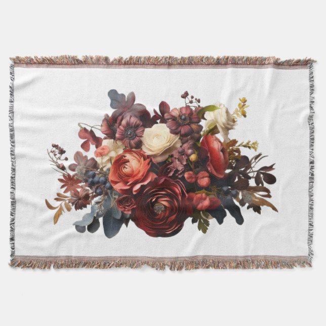 Burgundy Maroon Coral White Moody Floral Throw Blanket (Front)